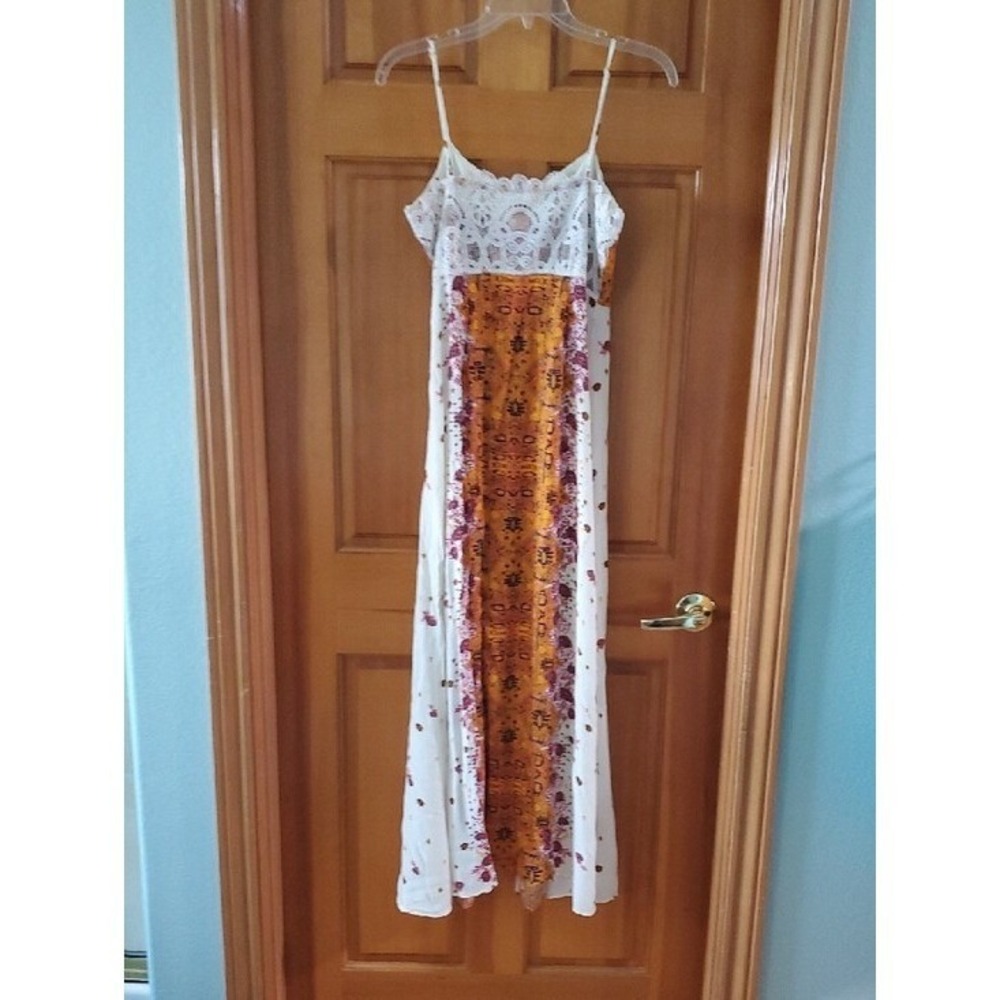 Free People Morning Song Cream Maxi Dress with Orange & Pink Floral Center Panel - Picture 7 of 10